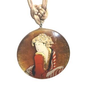 Vtg Gloria Gordon GG hand Painted Geisha Pendant Necklace on Silk Cord